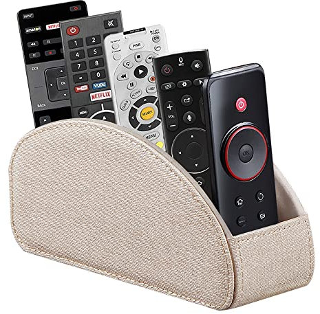 Arniche Leather Remote Control Holder,Universal TV Remote Organizer with 5 Compartments,Desktop or Bedside Table Organizer for DVD,Blu-Ray,Gaming and Streaming Remotes,Glasses and Accessories(Beige)