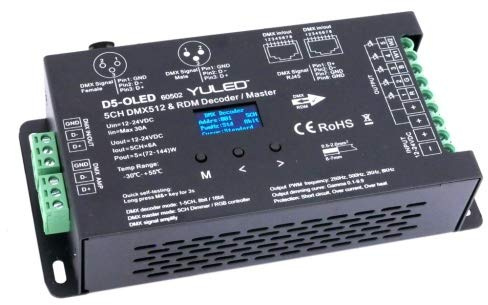 YULED D5-OLED Display 5-Kanal DMX512 /RDM LED Controller 6A/ Kanal (30A) 12-24Volt DC 16bit XLR RJ45 Stand-alone PWM Frequenz bis 8000Hz Dimmkurve einstellbar