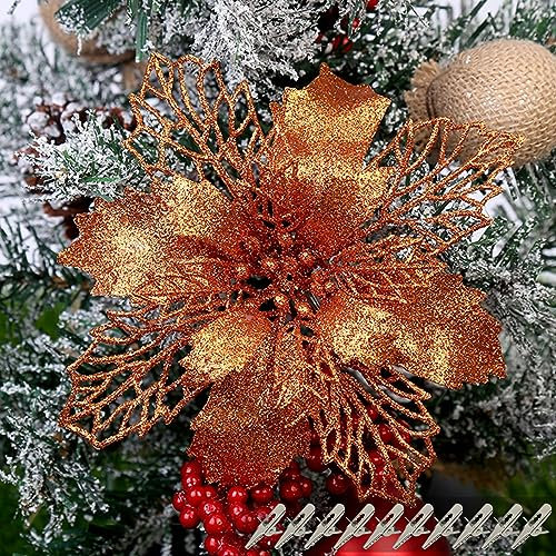 Yueshop 10Pcs Glitter Poinsettia 16CM Christmas Flowers Decor Ornament - Artificial Tree Ornaments for Wedding, New Year (Bronze)
