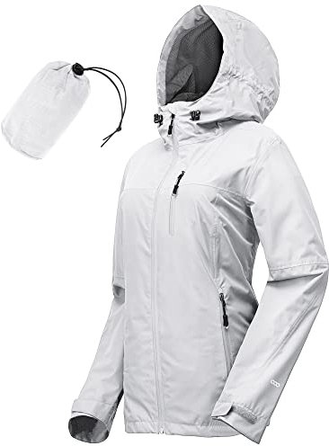 33,000ft Regenjacke Damen Wasserdicht Outdoorjacke Atmungsaktiv Herbst Übergangsjacke Leichte Jacke mit Kapuze Windbreaker zum Wandern Reisen Treking Fahrrad hellgrau 44