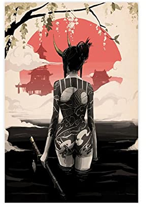 Art Japanische Yokai Frau Ninja Leinwand Poster Wandkunst Dekor Bild Gemälde für Wohnzimmer Schlafzimmer Dekoration 40 x 60 cm ohne Rahmen