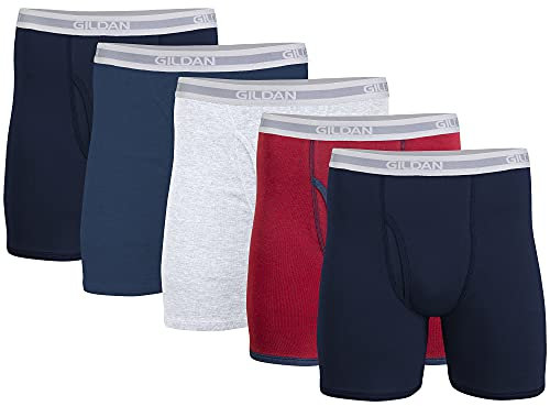 Gildan Herren Underwear Boxer Briefs, Multipack Retroshorts, Marineblau/Heather Navy/Sport Grey/Dot/Navy (5er-Pack, Klassische Länge), X-Large