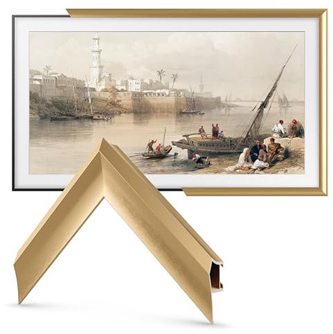 Frame My TV Deco Cadre TV en alliage prismatique – Lunette dorée pâle compatible uniquement avec Samsung The Frame TV (50, compatible avec cadre TV 2021-2025)
