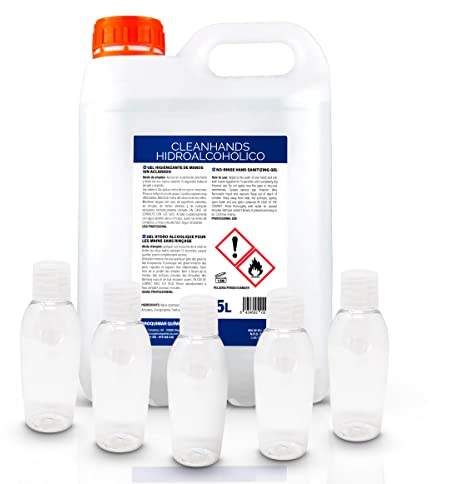 GEL HIDROALCOHÓLICO HIGIENIZANTE DE MANOS SIN ACLARADO Garrafa 5 Litros 5L + (x5) BOTES 50ml rellenables