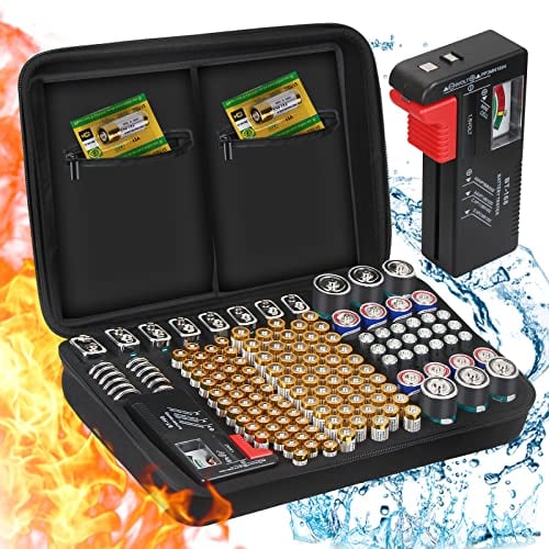 ENSOBO Batterie Aufbewahrungsbox Feuerfeste Tragetasche Batteriebox mit Tester Hält 148+ Batterien unterschiedlicher Größe für AAA,AA, 9V,C und D Größe (Batterie Nicht im Lieferumfang Enthalten)