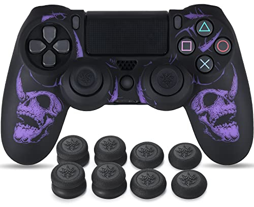 YoRHa Laserschnitzen Silikon Hülle Haut für PS4 Controller x 1 (Violett) mit Pro Thumb Grips Aufsätze x 8