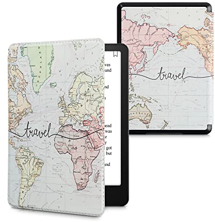 kwmobile Klapphülle kompatibel mit Amazon Kindle Paperwhite 11. Generation 2021 Hülle - Flipcase für Kindle Paperwhite Hülle mit Handschlaufe - Travel Schriftzug