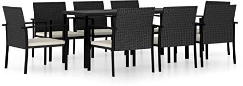 Gecheer 9-TLG. Garten Essgruppe 8 Personen, Sitzgruppe Terrasse, Esstisch & 8 Stühle mit Kissen, Sitzgarnitur Poly Rattan Schwarz