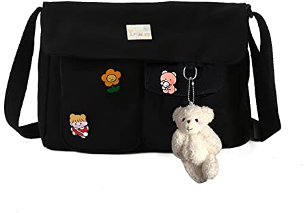 jingyuKJ Kawaii Schultasche Mädchen mit Kawaii, Niedlich Schutertasche mit Süß Anhänger, Canvas Crossbody Bag Damen Breiter, Handtasche Damen Umhängetasche für High School Teenager Mädchen