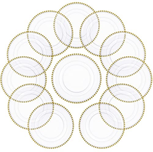 Eaasty 24 Stück 32,6 cm goldene Perlen Platzteller, Speiseteller, Ladegeräte, klare Acryl-Teller, Großpackung mit goldfarbenen Perlen, Kunststoff-Ladegeräte, Tischdekoration für Hochzeit, Geburtstag,