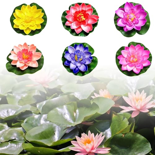 6 Stück Wasserlilie Pflanzen, Künstliche Seerosen, Teichdeko für Draußen, Teichpflanzen Künstlich, Schwimmende Blumen Seerose Teichdeko,künstlicher Lotus für Aquarium Terrasse Garten Pool Garten Teich