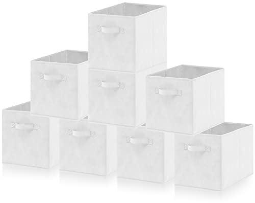 Hibtn Set of 8 Foldable Storage Box, 33 x 38 x 33 cm, Fabric with Handles Storage Cubes And Cloth Storage Organizer Drawer For Closet And Toys Storage, White