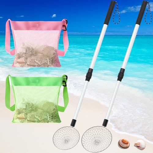 Roshtia 2 palette setaccio per sabbia da spiaggia con 2 sacchetti a guscio, manico regolabile da 47 a 76 cm, scavatrice per sabbia, conchiglie di roccia, denti di squalo, strumenti per sgusciare la