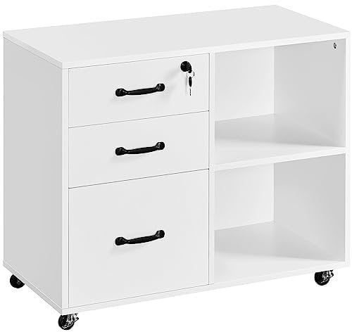 Yaheetech Caisson de Bureau à 3 Tiroirs, Support Imprimante sur 5 roulettes Mobile, 1 Tiroir verrouillable, 2 Compartiments, Dossier de Format A4 ou Lettre, Blanc