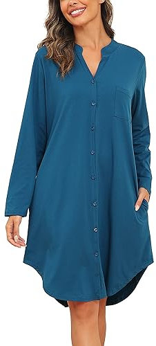 Vlazom Chemise de Nuit Femme Coton Robe de Nuit Patte de Boutonnage Vêtements de Nuit à Manche Longue Couleur Unie,Bleu Cobalt,XL