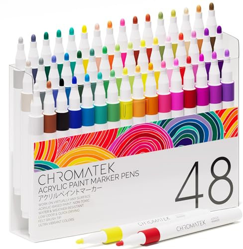 CHROMATEK Acrylic Paint Pens for Rock Painting, Ceramic, Glass, Wood. 48 Vibrant Opaque Colors. Medium Tip. Waterproof. Quick Drying. Never Fade