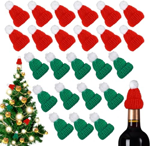 Bewudy 24pcs Mini Weihnachtsmannmütze, Mini Puppen Hut, Weihnachtshut Weinflasche Topper Hut für DIY Basteln Kunsthandwerk Weihnachtsbaum Weihnachtsschmuck Weihnachtsgeschenke Rot (Rot + Grün)