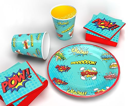 Eco-Friendly Superhero Themed Kids Birthday Party Kit - Complete Tableware Set with Plates, Cups, Napkins, and Table Cover - Ultimate Party Supplies and Decorations Package (32 Guest)