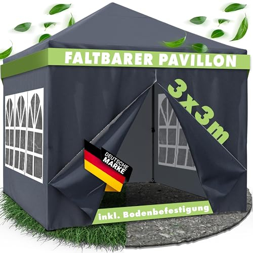 CAPRITENT® Pavillon 3x3 [wasserdicht & faltbar] - Stabiler Faltpavillon mit 4 Seitenwänden & Tür für Garten, Festival & Camping - einfacher Zelt-Aufbau per Pop-up-System [Grau, 3x3m]