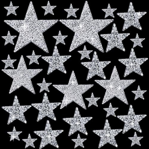 40 PCS Iron-on Star Patches Rhinestone Silver Star Applique Glitter Adhesive Star 4 Sizes Star Shape Patch for Clothing Jeans DIY Repair Decoration