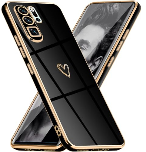 Mkej Glitter Mobile Phone Case for Huawei P30 Pro Case with Camera Lens Protection, Heart Love Design Electroplating Shockproof Thin TPU Silicone Protective Case for Huawei P30 Pro, Black Gold