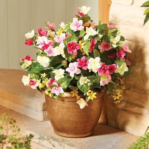 Coopers of Stortford Artificial Faux Flower Azalea Arrangement in Pot for Garden