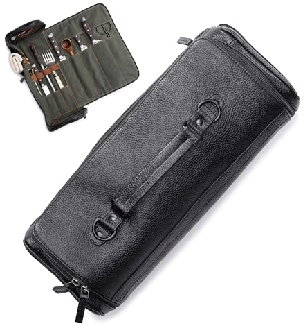Angus Stoke Premium Leather Knife Case, XXL Knife Bag with Many Extras and Storage Space, Cooking Roll Bag Made of Vintage Buffalo Leather, Arnie Cooking Bag, black, Roll Knife Pouch