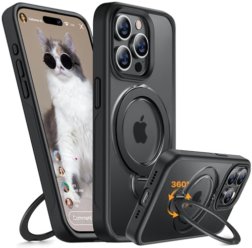 Miracase Handyhülle für iPhone 15 Pro Hülle Entwurf für MagSafe Matt Handy Hülle mit Eingebautem 360° Spin Magnetischer Ständer Schutzhülle Case 15 Pro Durchscheinende (Schwarz)