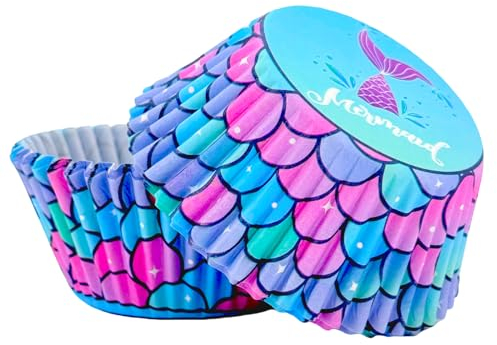 POPOYU Mermaid Cupcake Cases for Baking - Paper Muffin Cup Liners, Small Cupcake Wrapper for Under The Sea Girls Birthday Party Cake Decoration