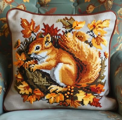 Lfynior Kreuzstich Kissen Set Eichhörnchen Stickkissen mit Muster 45X45cm Stickpackung Stickset Kreuzstich Kissen zum Basteln Stickkissen Stickpackung mit Vorgedruckt Kreuzstichmotiv