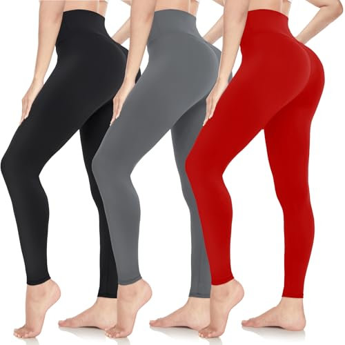 ACTINPUT Leggings Damen High Waist Leggins Blickdicht Schwarze Sportleggings Lang Elastische Yogahose Laufhose Für Sport Gym Yoga (3er Pack - Schwarz/Dunkelgrau/Rot,S-M)