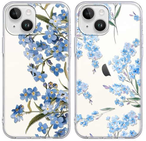 Yoedge 2 Stück Handyhülle für iPhone 14 / iPhone 13 Hülle, Blaue Blumen Muster Mädchen Aesthetic Handyhülle Dünn Weich Durchsichtig Schlanke Silikon Slim Stoßfest Schutzhülle für iPhone 13 6,1