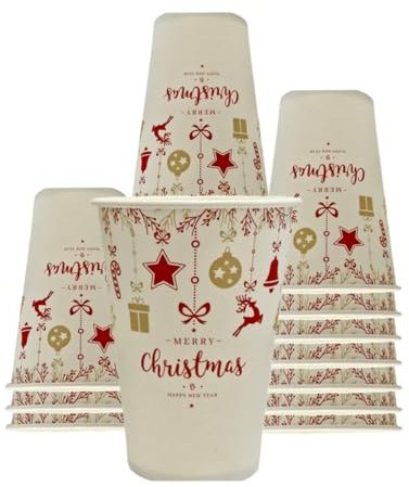 Mecup Bicchieri in Carta Natalizi, Bicchieri Monouso Biodegradabili, 100 Pezzi, Tazza Caffè di Natale 200 ml, Usa e Getta, Per Bevande Calde e Fredde, Fantasia Natalizia. Fantasia: Oro
