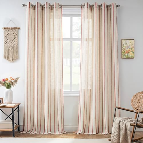 DriftAway Farmhouse Vorhänge für Wohnzimmer, vertikal gestreift, halbtransparent, lichtfilternde Ösen, Fensterbehandlungen, 244 cm lang, 2 Paneele, Nadelstreifen, Rot auf Beige
