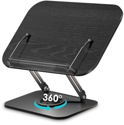 Viozon Buchständer Holz, Leseständer, Buchhalter, höhen- und winkelverstellbar, 360° drehbare Basis,faltbar&tragbar, leicht für Büro, Küche, Schule, Lehrbuch,Rezept, Zeitschrift, Kindle,Tablet,Schwarz