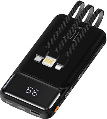 NB+ & Remax Power Bank with Built in Cables * 3, 10000mAh USB C Battery Pack 4 Outputs 2 Inputs 5V 2.1A with LED Display Type C Powerbank Portable Charger Compatible with Smartphones Tablets...(Black)