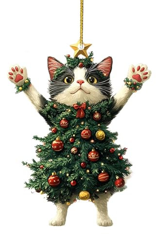 Cat Christmas Tree Decorations | Black and White Cat Christmas Ornaments | 2D Flat Acrylic Christmas Hanging Animal Ornaments | Christmas Kitten Hanging Pendant for Bag Car Interior Accessories