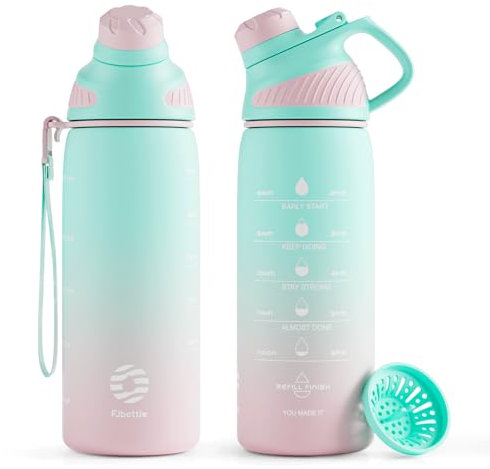 Fjbottle Botella de Agua Deportiva de Plástico 1L/710ML – Sin BPA, con Marcador de Tiempo, Tapa Magnética y Cepillo para Gym, Colegio, Bicicleta