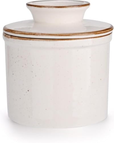 Jersinwei French Butter Dish with Lid, Reactive Glaze Butter Crock with Waterline for Fresh Butter Spreadable, Ceramic Butter Keeper for Countertop Dishwasher Safe -White