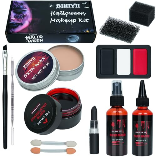 BIHIYII Halloween Makeup Kit, SFX Makeup Kits, Fake Blood Spray Dripping Coagulated Blood, Scar Wax, Face Paint Set with Scraper Sponges Brush Lipstick for Halloween Vampire Zombie Cosplay
