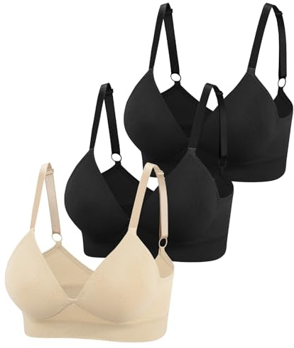 Eleplus 3er Pack Damen-BHS ohne Bügel Push Up Nahtloser BH V Ausschnitt Tshirt Schalen Bralette Verstellbar Unterwäsche für Alltag (2 Schwarz+Beige,XL)