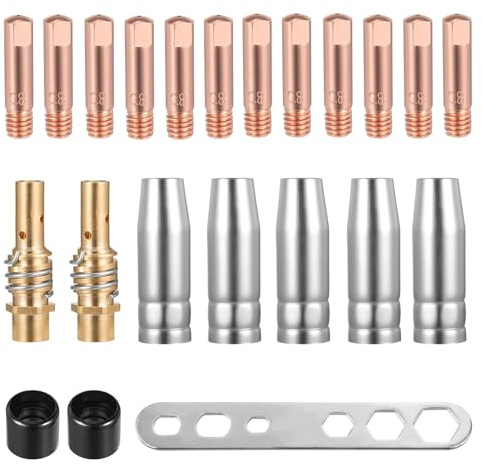 VZU 22 Stück Schutzgasschweißgerät Zubehör, Verschleißteile Set für MIG MAG Schweißbrenner MB15AK, mit 12 x Stromdüse M6 0,8mm,5 x Schweißdüsen,2 x Düsenstock,2 x Isolator,1 Schraubenschlüssel