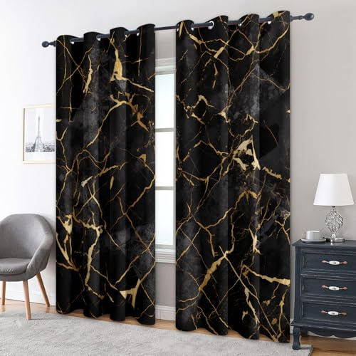 Generisch Schwarz Gold Marmor Vorhänge Blickdicht Gardinen mit Ösen, Abstrakt Modern Deko Muster Wohnzimmer Schlafzimmer Fenster Verdunklungsvorhänge, H 166 x B 75 cm 2er Set (D5-64)