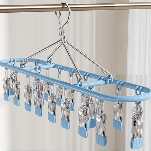 Niulab Sock Dryer with 20 Pegs Clothes Drying Hanger with Clips Sock Peg Hanger for Washing Line, Drip Airer Hanging Sock Rack for Socks, Underwear, Bras, Baby Clothes (Blue)