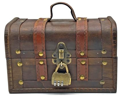 Lockable Storage Box Vintage Wooden Treasure chest with Lock, Antique Pirate Jewellery Storage 7.9 x 5.1 x 5.1 in - Handmade Rustic Keepsake Box for Women, Gifts for Boys Girls Gift Toys (Brown)