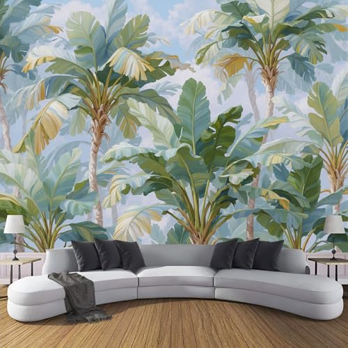 Fototapete Palmen Und Bananenblätter 150x105cm Schlafzimmer Wohnzimmer Seide XXL Wandtapete Retro Jungle Fototapeten Bildtapete 3d Effekt Wand Dekoration, Blaugrün