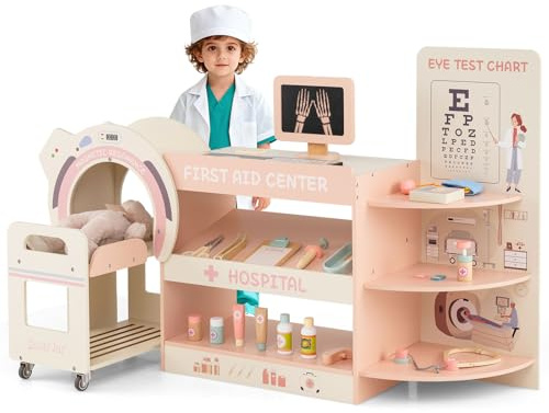 COSTWAY Centro Médico de Juguete, Juguete Médico Infantil de Madera con Culista, Láminas Intercambiables, Carrito y Accesorios, Juego de Doctor Montessori con Almacenamiento para Niños (Rosa)