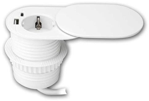 Versenkbare Einbausteckdose Weiß – 1x Schutzkontakt, 1x USB-A, 1x USB-C – flächenbündig & platzsparend – mit Schutzdeckel & 1,9 m Netzkabel