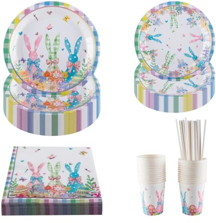 CEILIWEN Rabbit-Themed Party Tableware Set for 25 Guests, Colored Checkered Paper Plates Cups Napkins & Straws Set - for Easter, Birthday, Spring Summer Party, Picnic