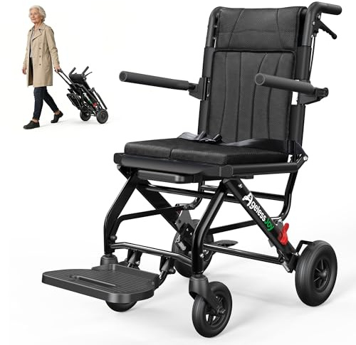 AGELESSJOY Fauteuil roulant pliable léger pour Adultes, Chaise de Transport en Aluminium Ultra-Légère et Pliable avec Poignée Télescopique, Compact et Portable pour Seniors (Noir)